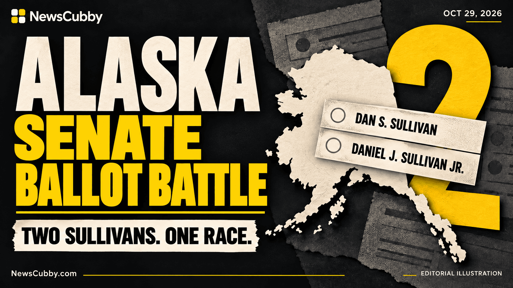 NewsCubby editorial illustration of Alaska and two unmarked candidate name strips: Dan S. Sullivan and Daniel J. Sullivan Jr.; Alaska Senate ballot battle.