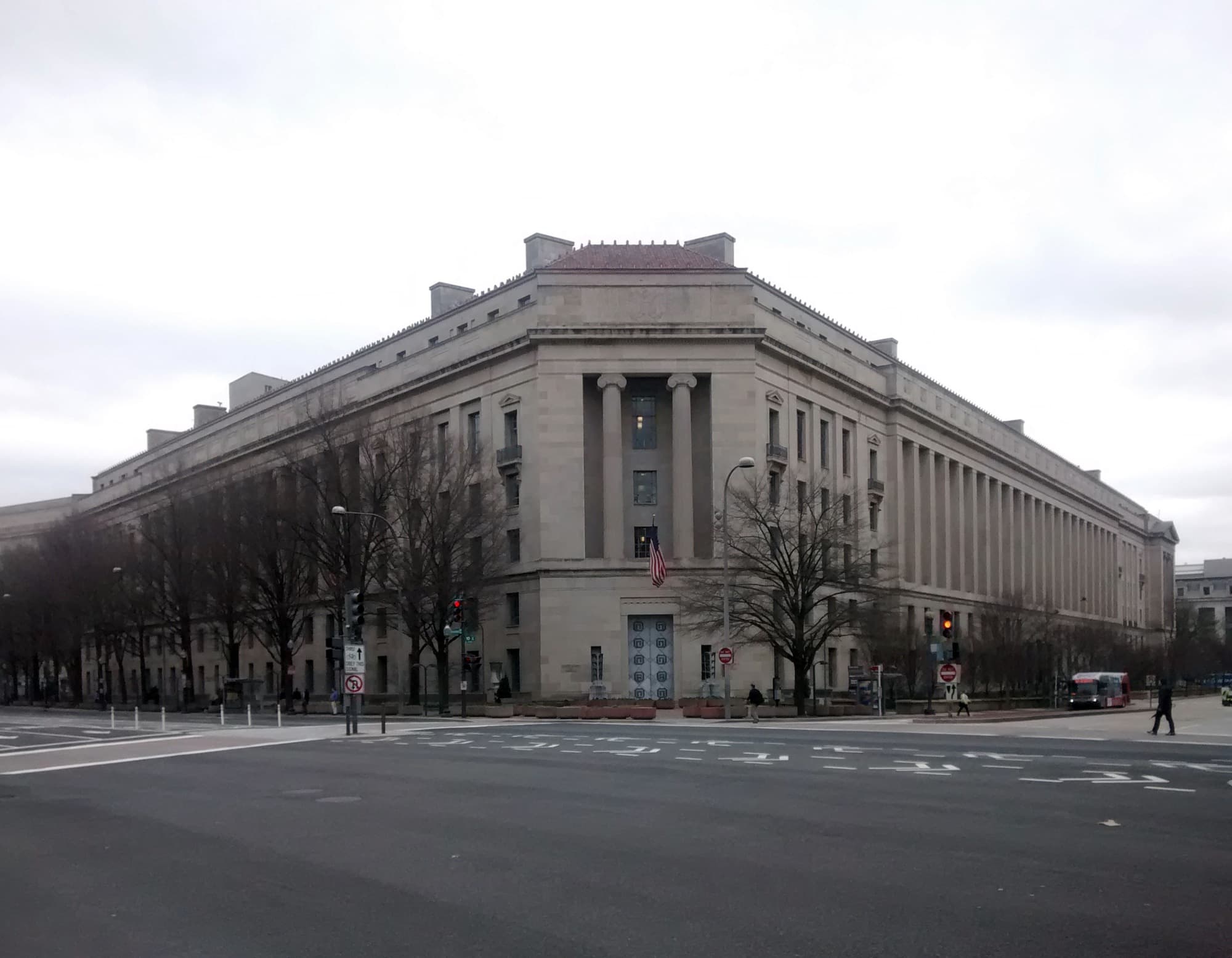 The Robert F. Kennedy Department of Justice Building at a Washington, D.C., intersection in an April 2014 archival photograph.