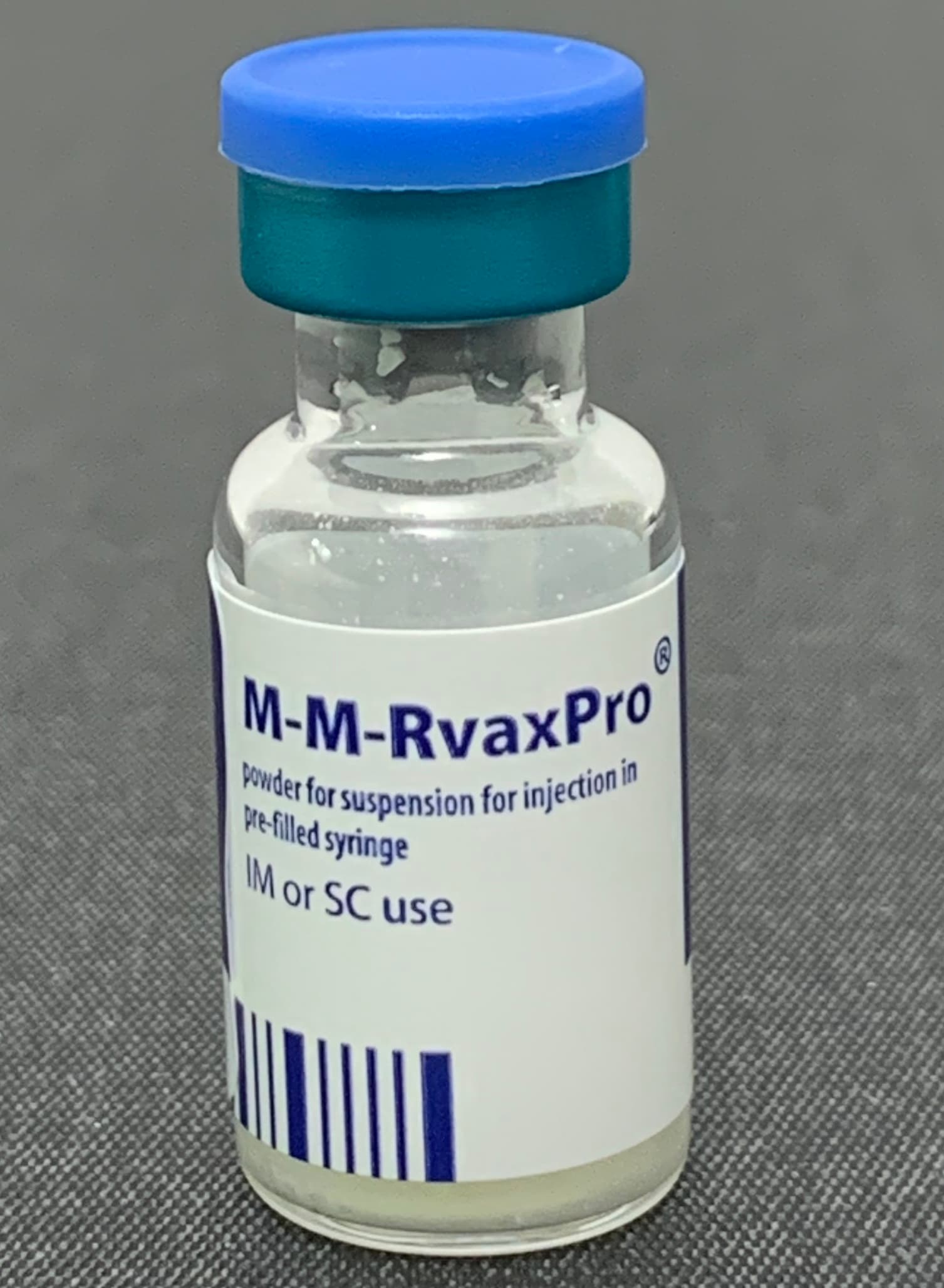 An M-M-RvaxPro measles, mumps and rubella vaccine vial photographed in August 2020.