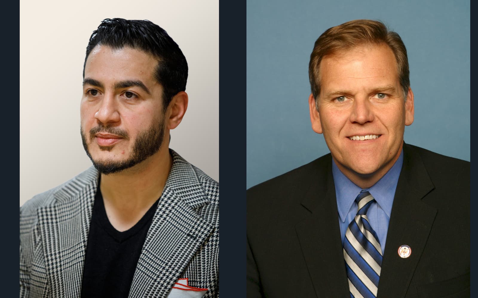 Abdul El-Sayed at left and Mike Rogers of Michigan at right in equal-sized separate archive portraits.