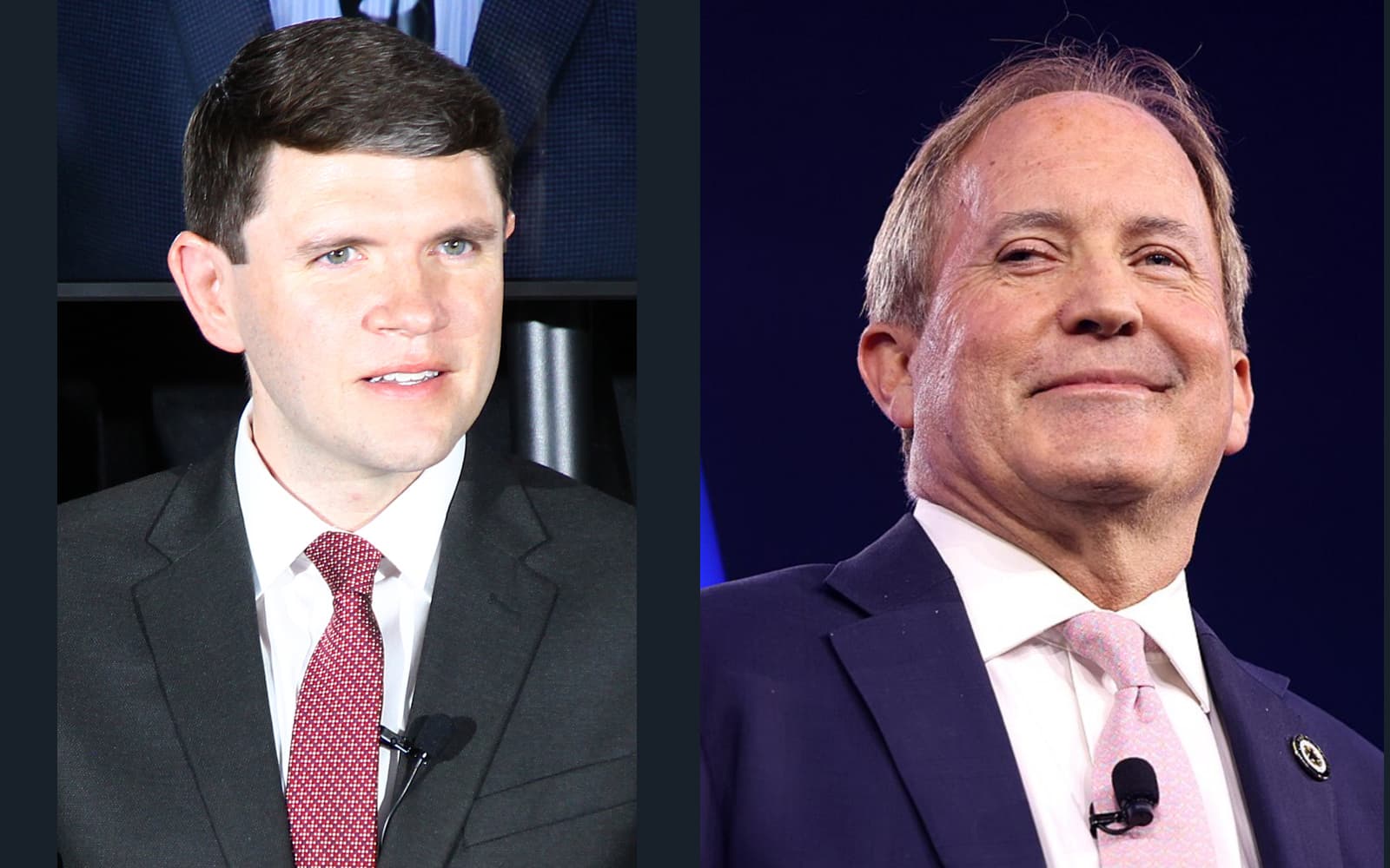 James Talarico at left and Ken Paxton at right in equal-sized separate archive portraits.