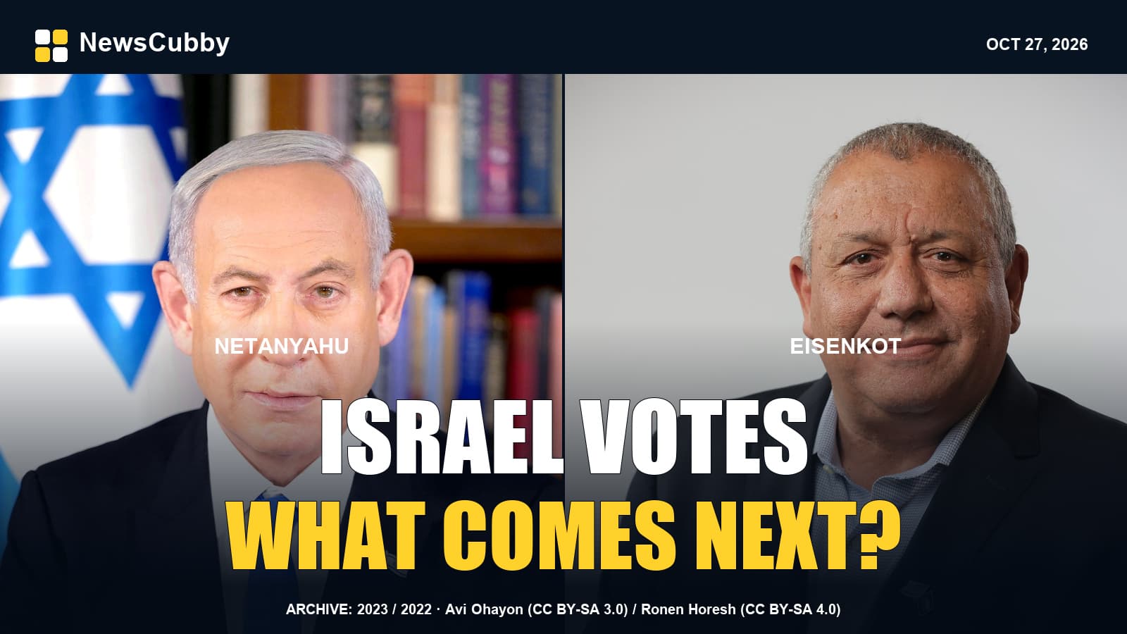Benjamin Netanyahu at left and Gadi Eisenkot at right in equally sized separate archive portraits, with the headline Israel votes: What comes next?