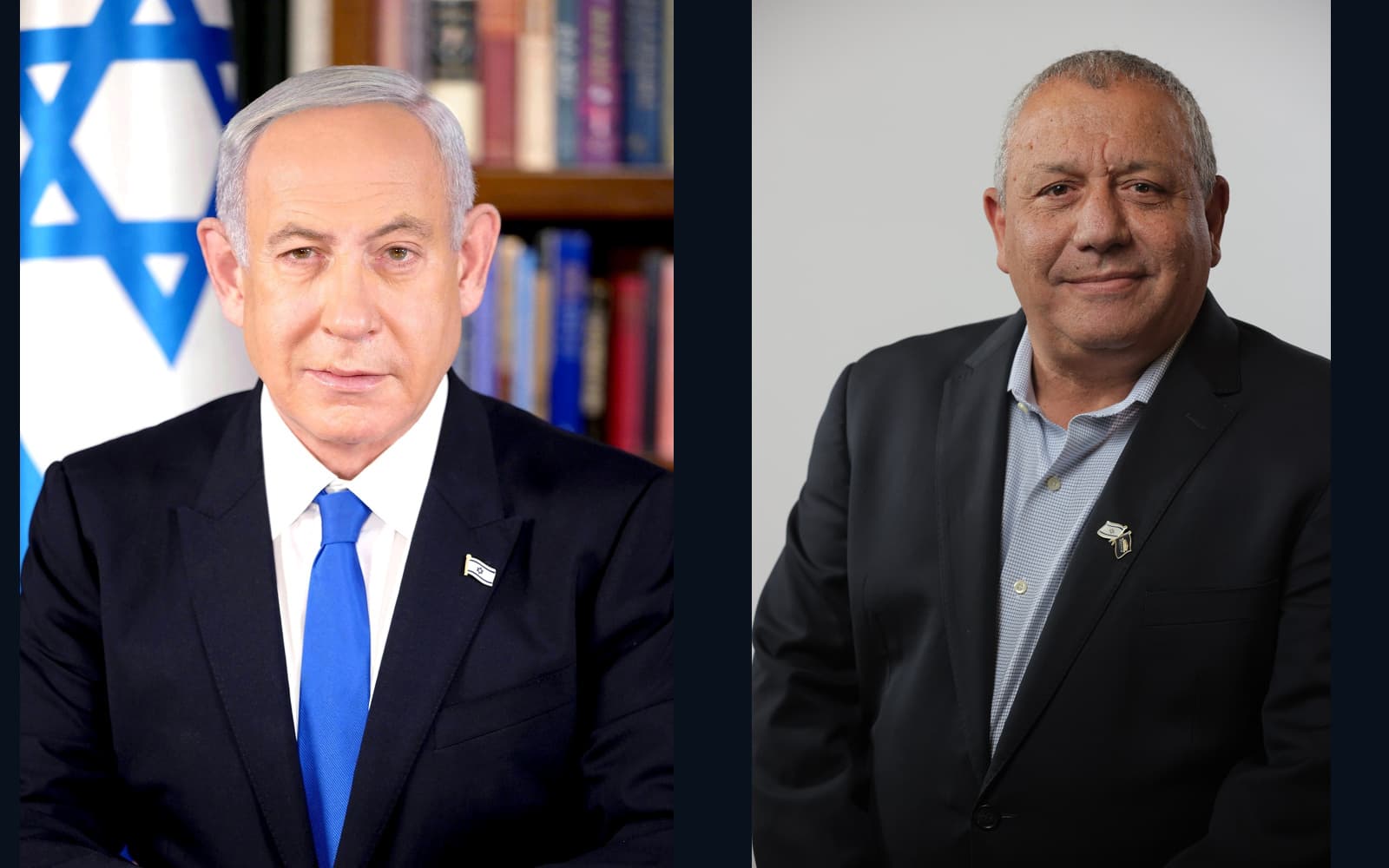 Benjamin Netanyahu at left in 2023 and Gadi Eisenkot at right in 2022, separate equal-sized archive portraits.